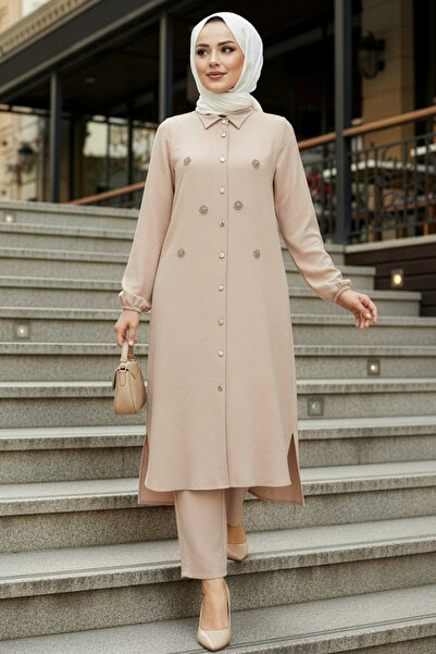 N.S NEVA STYLE Bead Detailed Stone Hijab Double Set 12082Tas