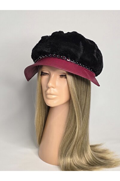 Senbeno Design KADIN SİYAH DOĞAL KÜRK ZİNCİR DETAYLI BORDO DERİ SİPERLİ KAPTA...