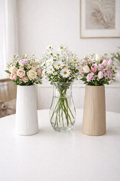 VENİV 3 Pieces - Glass Vase 21 cm - 2 Plastic Vases 20 cm White & Beige