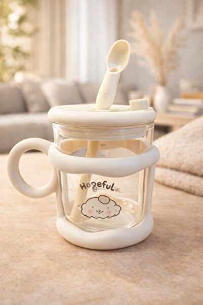 Kitchen Way قارورة زجاجية لطيفة مع مصاصة وملعقة 450 مل مناسبة للاستخدام اليوم...