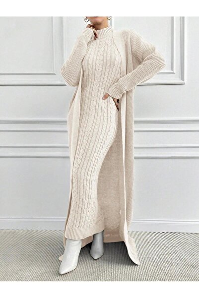 WE AND ME Women's Knitwear Long Dress Corded Fabric Hair Weave Pattern High N...