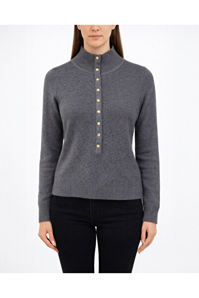 Aybikestil Triko Önden Çıt Çıtlı Fitilli Kazak Antrasit