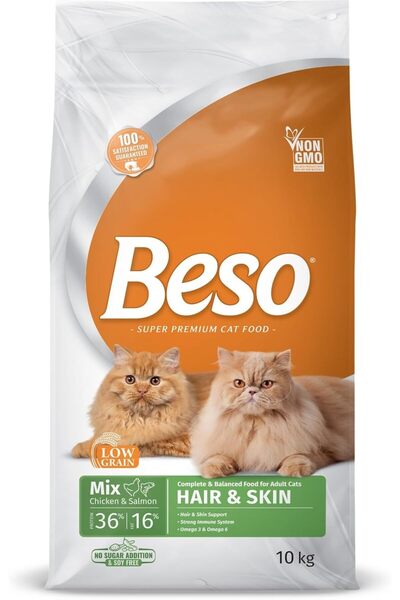 Beso طعام للقطط البالغة، بنكهة الدجاج والسلمون، 10 كجم، طعام جاف، تركيبة للعن...