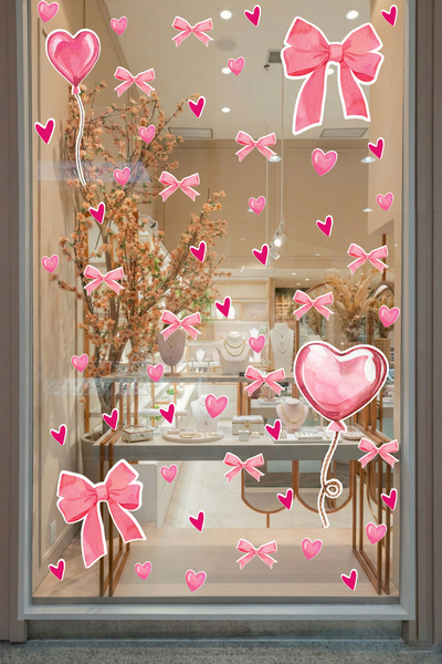 New Jargon Pink Heart Balloon Romantic Sticker Set - Glass Store Showcase Wal...