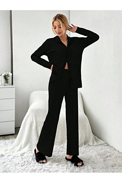 Rosa Lui Set de pijamale negre cu nasturi în față