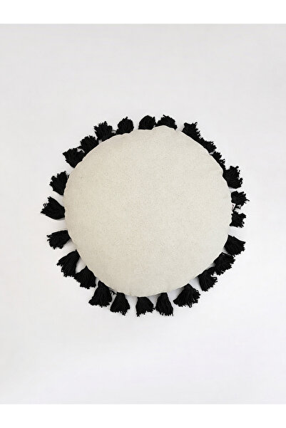 Galia Tasarım Terra Sun – Кръгла декоративна възглавница от лен с черни ресни