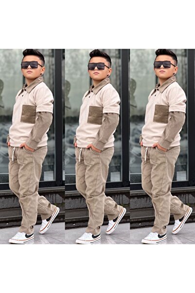 Burçak Butik طقم شتوي أنيق للأولاد مكون من قطعتين - سترة مع جيب وبنطلون مخملي...