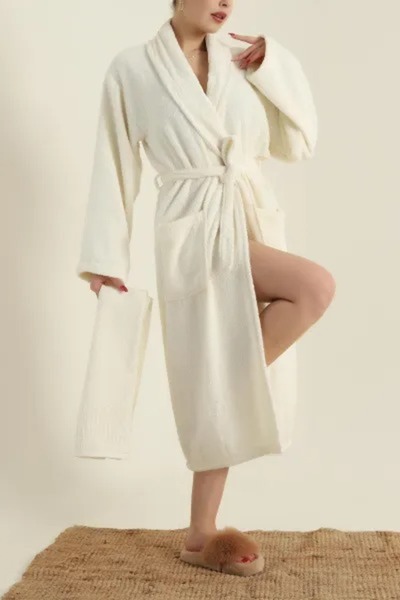Bella Home Su Yolu 2 Piece Bathrobe Set - Bathrobe & Head Towel - 100% Cotton