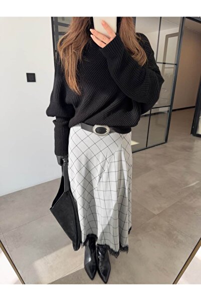 BB Bensu Buyruk FUSTĂ ÎN CAROURI CU DETALII DIN DANTELĂ, GRI