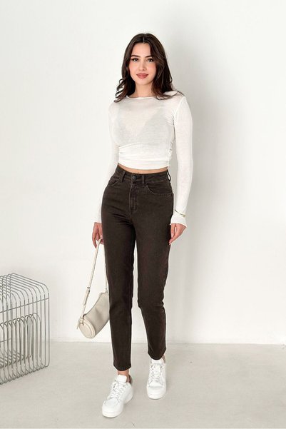 HLT JEANS بنطلون جينز ليكرا بني اللون للنساء بخصر مرتفع ANNA-2074