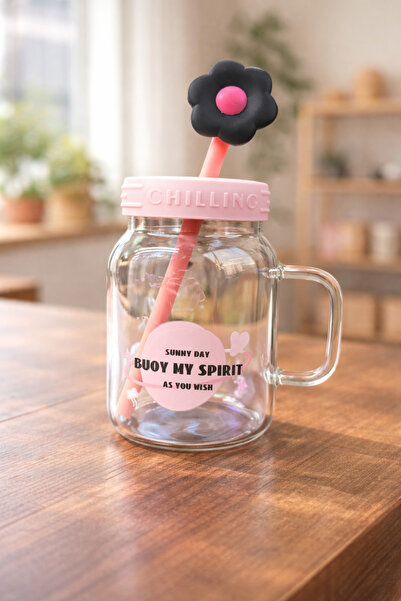 Kitchen Way 1000ml Borosilicate Luster Cute Glass Flask with Patterned Straw ...