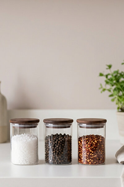 hapeed Pure Model 3-Piece Wooden Vacuum Lid Glass Spice Jar Set