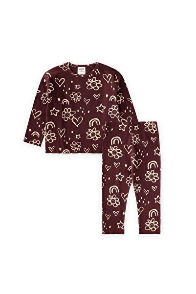 Cigit Patterned Transitional Corded Fabric Girls' Set 1-8 Years Old Burgundy