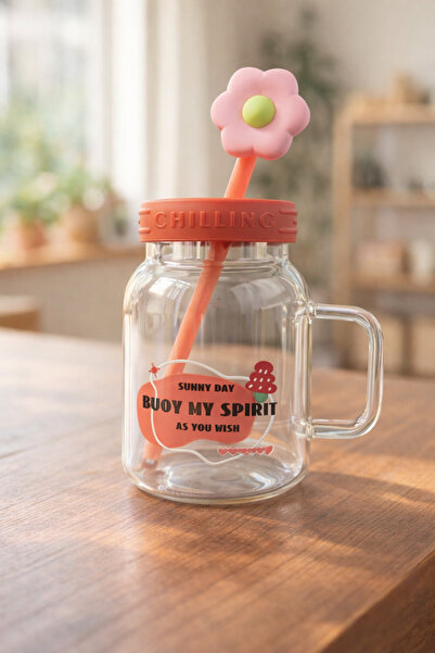 Kitchen Way 1000ml Borosilicate Luster Cute Glass Flask with Patterned Straw ...