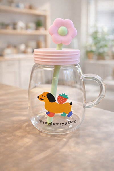 Kitchen Way 1000ml Borosilicate Luster Cute Glass Flask with Patterned Straw ...