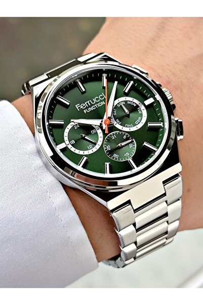 Ferrucci Men's Wristwatch with Function Silver-Green Color Steel Band Frc2036Mr