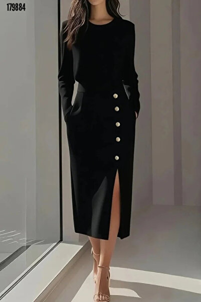 moda wanilia Kadın Bisiklet Yaka Uzun Kollu Düğme Ve Yırtmaç Detaylı Midi Boy...