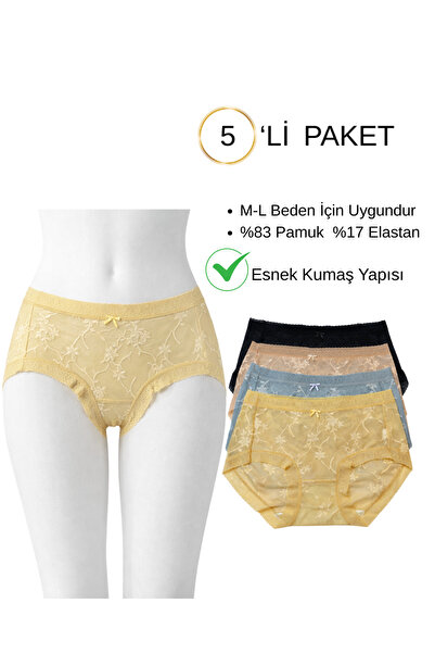 UN REAL High Waist Lace and Tulle Woven Patterned Women's Panties Set 5-Piece...