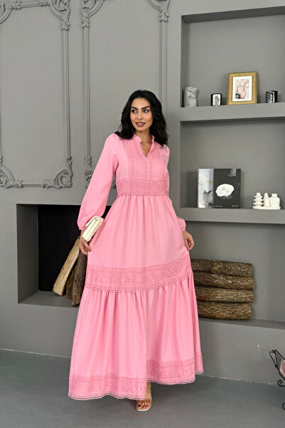 Neşeli Butik Women Pink Atlas Fabric Lace Detailed Dress Nbms2517