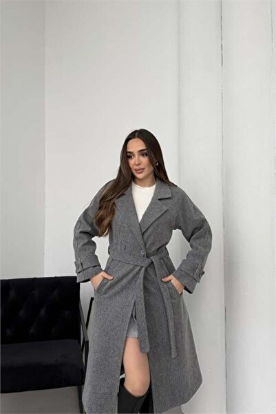 Dipmoda Γυναικείο παλτό premium με ζώνη, μανίκια ρεγλάν και κουμπιά, ανθρακί ...