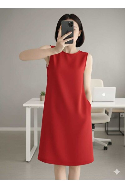 AVC SIFIR KOL KIRMIZI ELBİSE