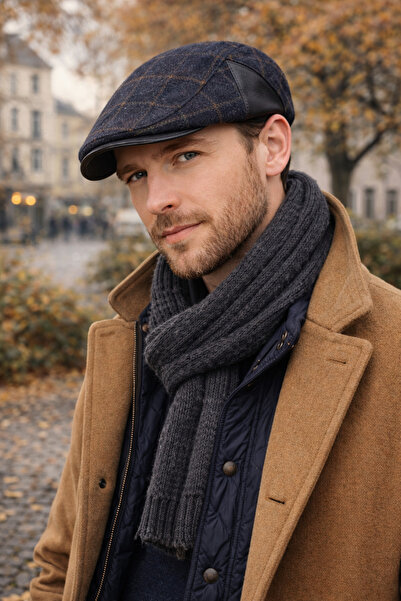 Külah قبعة مسطحة للرجال من مزيج الصوف مع حواف جلدية |   قابل للتعديل |   قبعة...