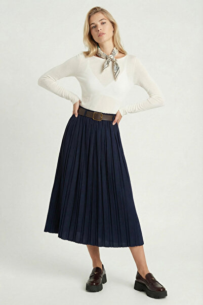 Lovelyİstanbul Fusta lungă din piele intoarsa cu curea plisata LDP0092 ALBAST...