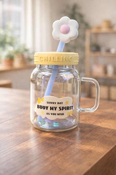 Kitchen Way 1000ml Borosilicate Luster Cute Glass Flask with Patterned Straw ...