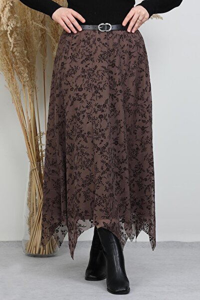 GİYZAMİLA Kadife İşleme Tül Etek Kahverengi