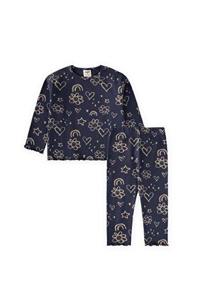 Cigit Patterned Transitional Corded Fabric Girl's Set 1-8 Years Old Navy Blue