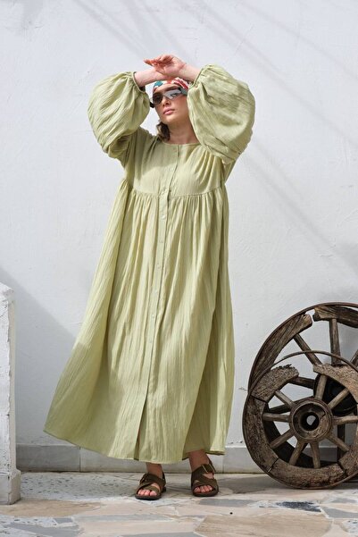 Bak'ap Premium Keten Balon Kol Tesettür Elbise