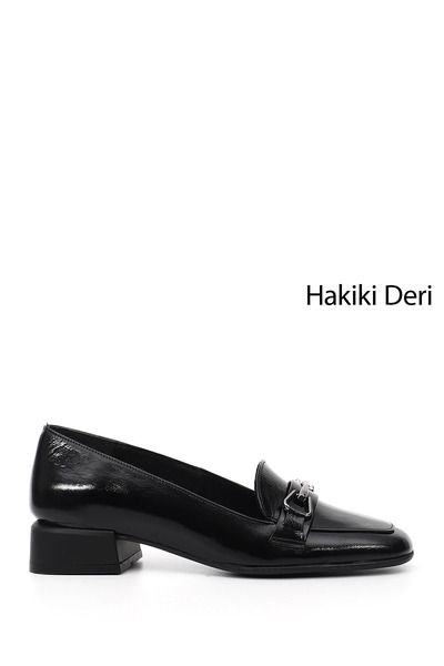 GÖNDERİ(R) Women's Black Patent Leather Blunt Toe Buckle Genuine Leather Shoes