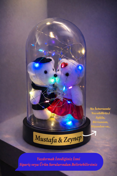 CHANCE GİFT Kişiye Özel İsimli Fanus LED Işıklı Çift Ayıcıklı Siyah Fanus –Se...