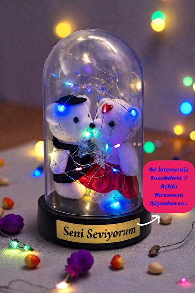 CHANCE GİFT Seni Seviyorum Yazılı Fanus Ayıcıklı 3 Mod LED Işıklı Siyah Fanus...