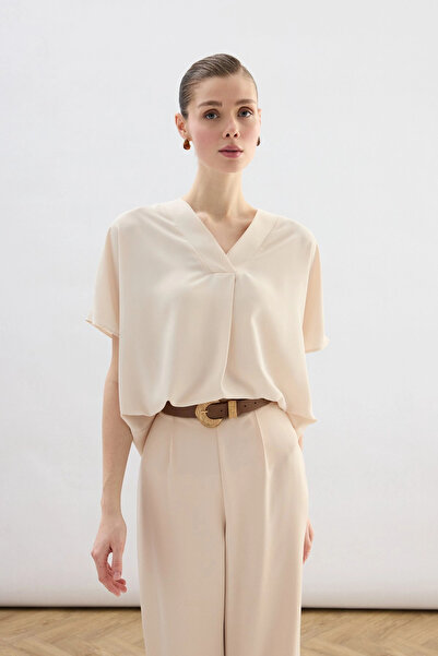 Sateen Wide Short Sleeve Blouse - Beige