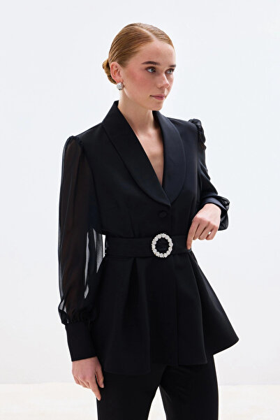 Sateen Accessory Belted Blouse - Black