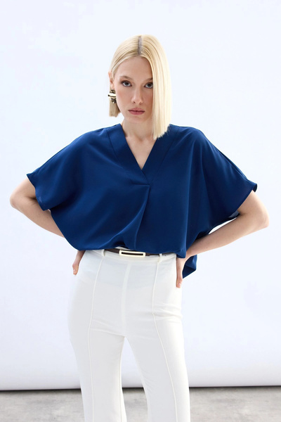 Sateen Wide Short Sleeve Blouse - Indigo