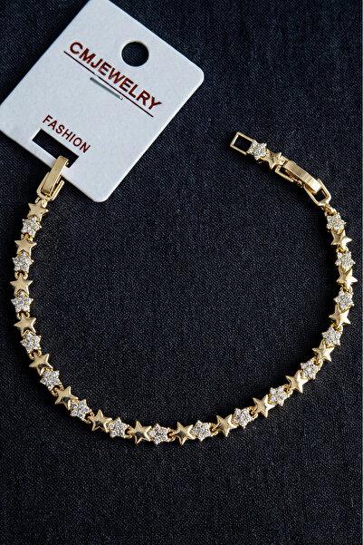 Modacaprea CM 14K Yıldız Taşlı Kadın Bileklik – 17+2 cm | Altın Renk Kararmaz...