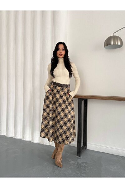 ebru akten butik Fusta în carouri pentru femei cu buzunare și detaliu curea