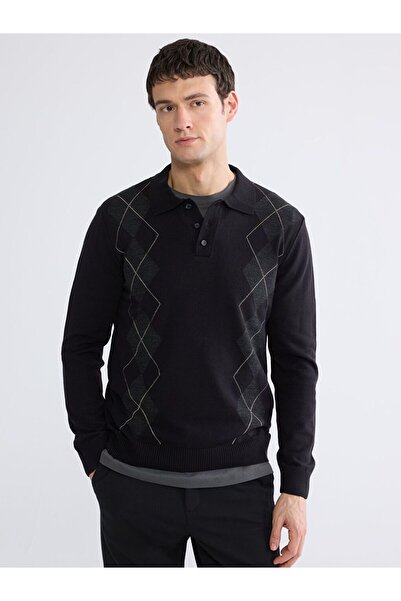LC Waikiki Southblue Polo Neck Argyle Patterned Men's Knitwear Sweater