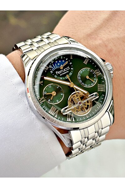 Ferrucci Silver-Green Color Steel Band Men's Wristwatch with Automatic Mechan...
