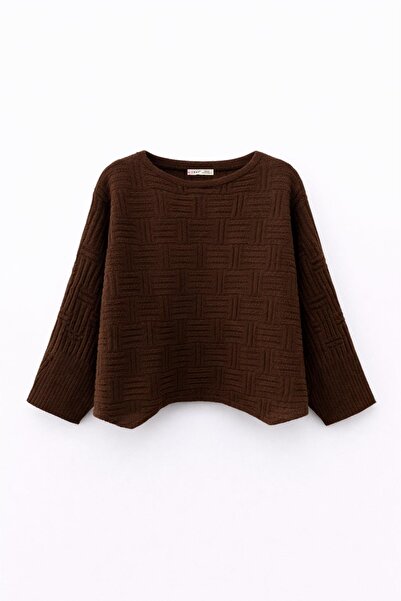 Mixray 7011 Women's Asymmetrical Textured Patterned Knitwear Sweater Brown