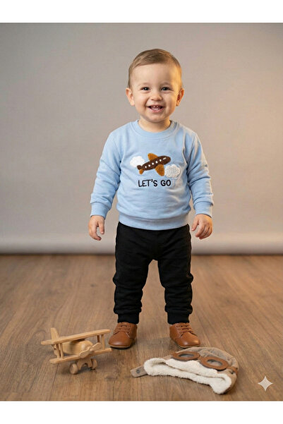 tinytrends 100% Cotton Baby Boy Embroidered Double Set Sweatshirt Pants