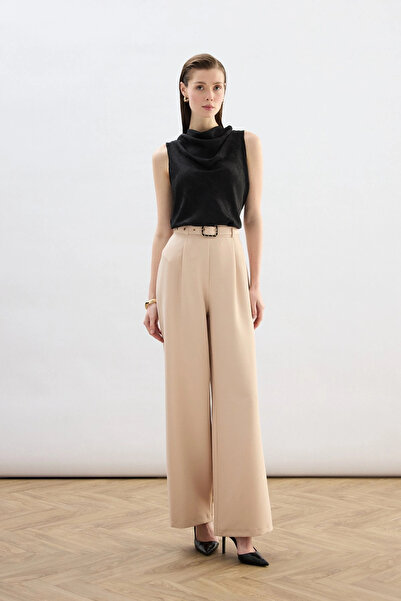 Sateen Belted Loose Trousers - Beige