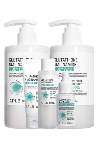 APLB مجموعة جلو - منظف، تونر، سيروم، غسول للجسم ولوشن مع النياسيناميد