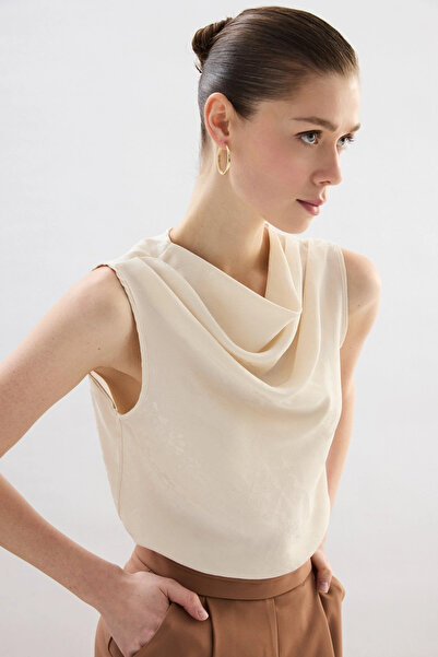 Sateen Plunging Neck Blouse - Stone