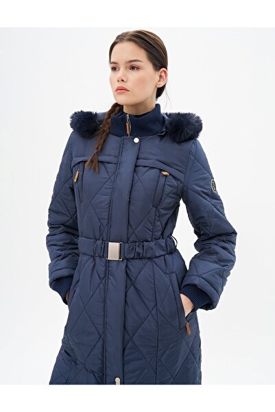 Kayra Mock Neck Zipper Detailed Quilted Anorak Coat Dark Navy Blue 27309