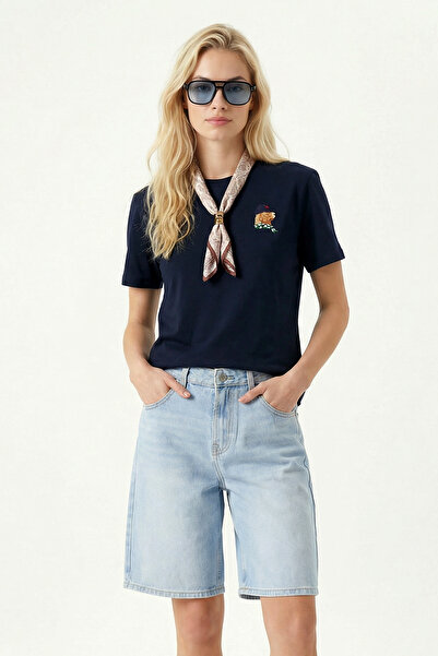 Lovelyİstanbul Πλεκτό μπλουζάκι με κεντημένο φουλάρι LMC0085 ΣΚΟΥΡΟ ΜΠΛΕ