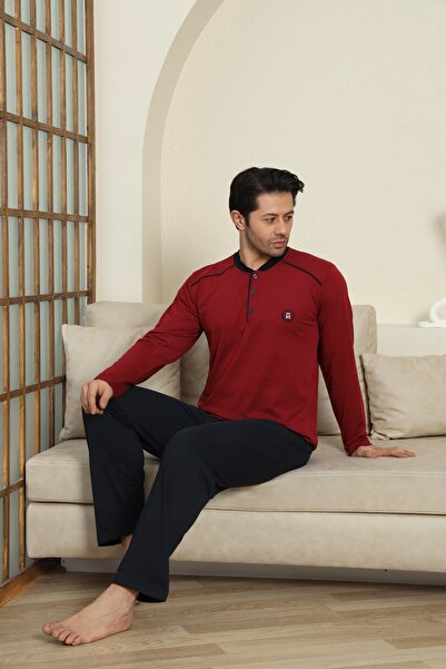 MODAREYA Men's Long Sleeve Buttoned Cotton Transitional Burgundy Pajama Set