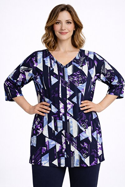 Şans Жіночий великий розмір, синій, V-подібний виріз, геометричний візерунок....